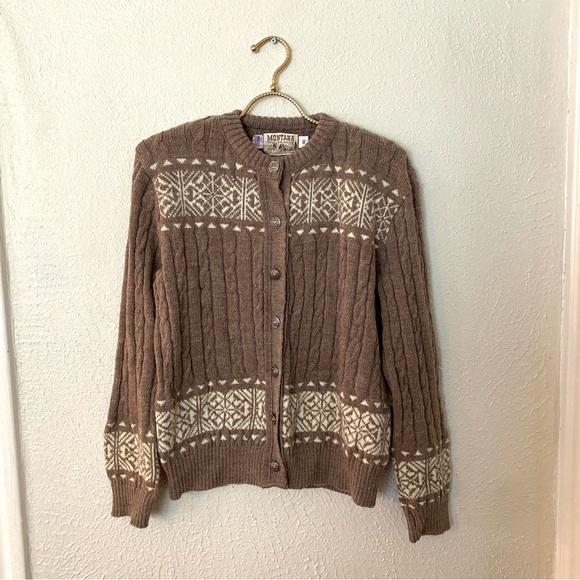 vintage montana woolen shop grandma cardigan fair isle cable knit made in usa. - Picture 2 of 13